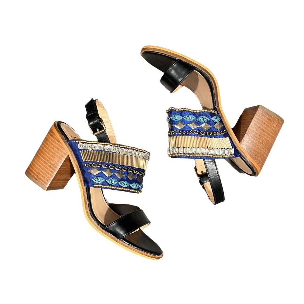 Catherine Malandrino Yance Black Stacked Heel Sandal Rhinestone Faux Tur… - Picture 11 of 12